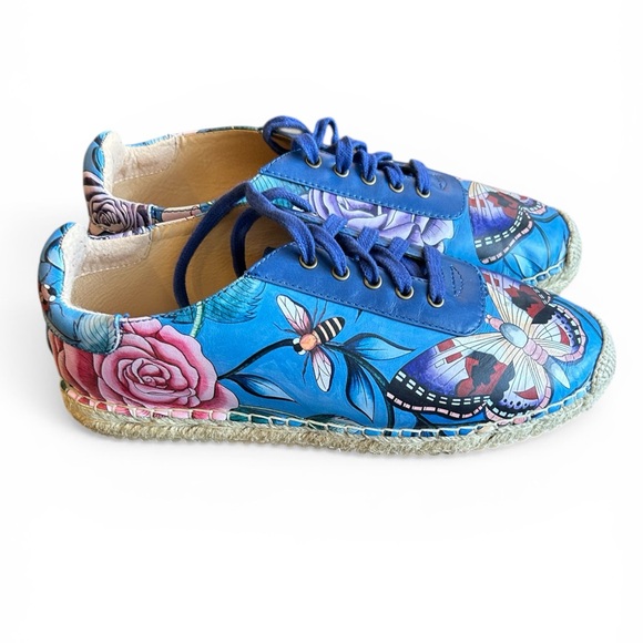 Anuschka Shoes - Anuschka Blue Floral & Butterfly Espadrille  Sneakers Boho Art Wear Hand Painted